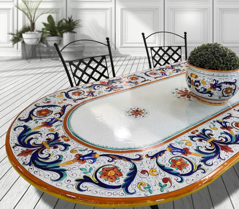 Casa Padrino Luxus Jugendstil Gartentisch Ornamentbordüre 200 × 100 cm - Ovaler Esstisch aus handbemaltem Lavastein - Gastronomie Möbel - Made in Italy