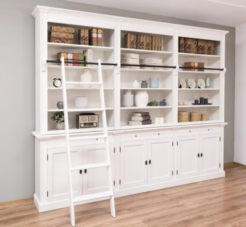 Casa Padrino Bücherregal im Landhausstil mit 6 Türen und Leiter, 300 x 42 x 240 cm