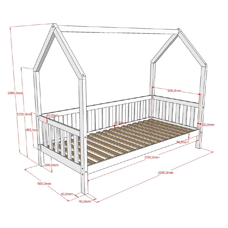 Lit cabane 90x200 sommier inclus Vipack Dallas Bois