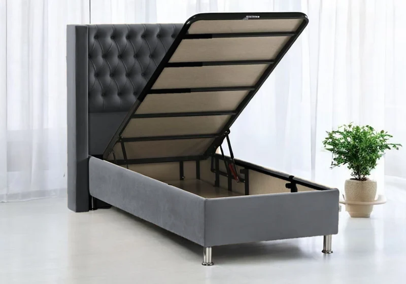 Lit coffre complet velours gris 90x190 - Kobe