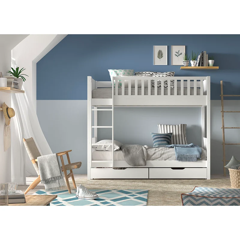 Lit superposé 90x200 sommiers et tiroirs inclus Vipack Scott Blanc