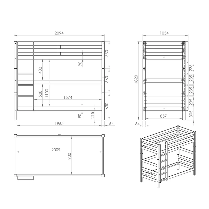 Lit Superposé 90x200 Hauteur 180 cm Sommier Inclus Vipack Pino Gris