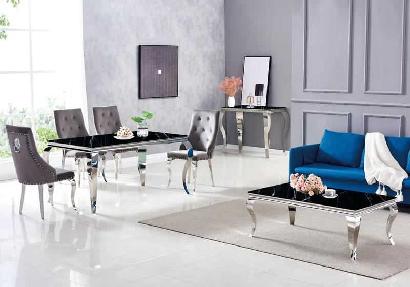 Table et chaises capitonnées marbre noir argent - Neo