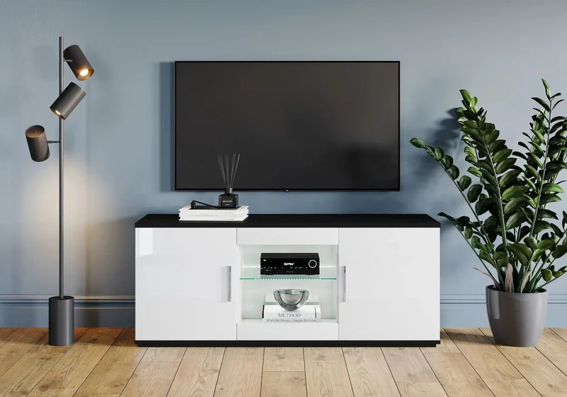 Ensemble meuble TV laqué noir blanc VENERE