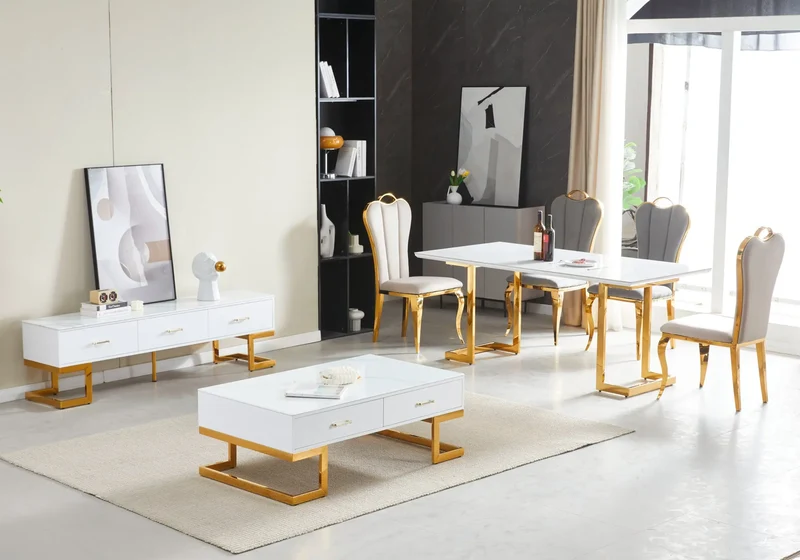 Meuble banc tv doré marbre blanc - Odel