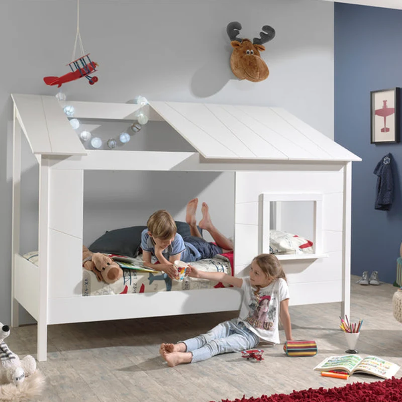Lit Cabane 90x200 toit semi-ouvert et fenêtre Sommier inclus Vipack HouseBed - Blanc