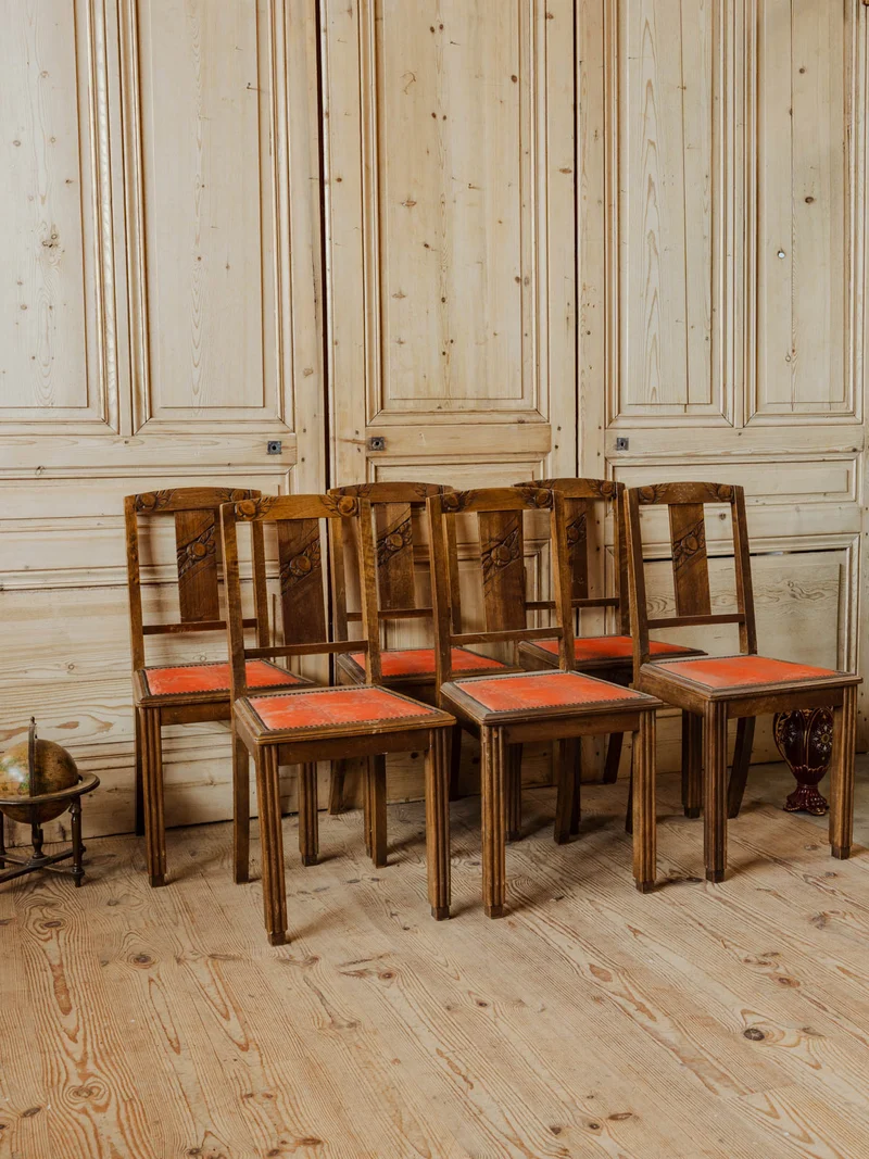 Claude, le lot de 6 chaises en bois et velours rouge N°1352