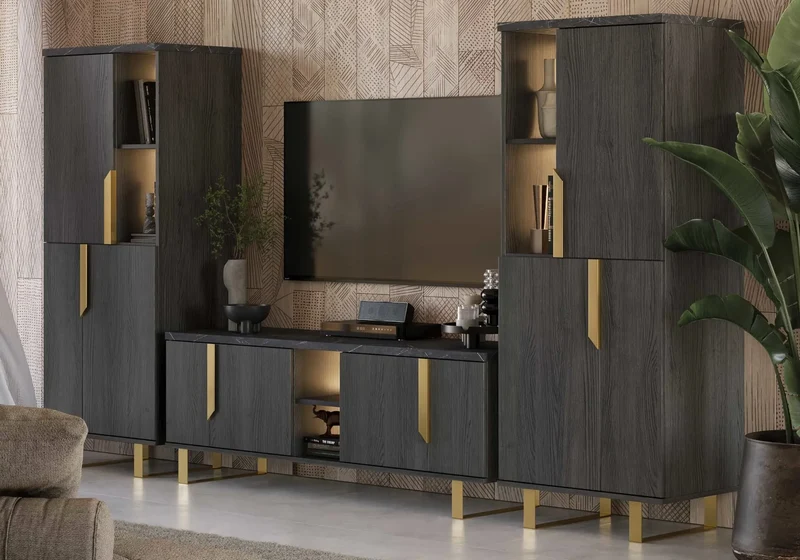 Mur TV mat palissandre noir doré ORION