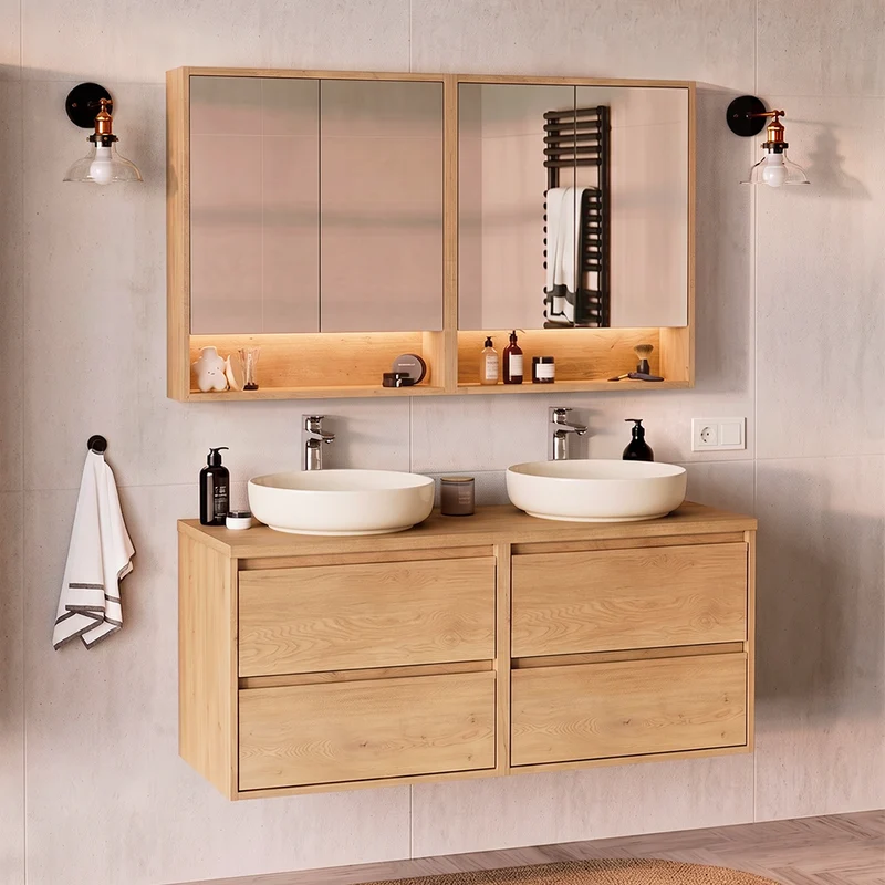 Ensemble meuble sous-vasque 120cm et armoires miroir Edmé Bois