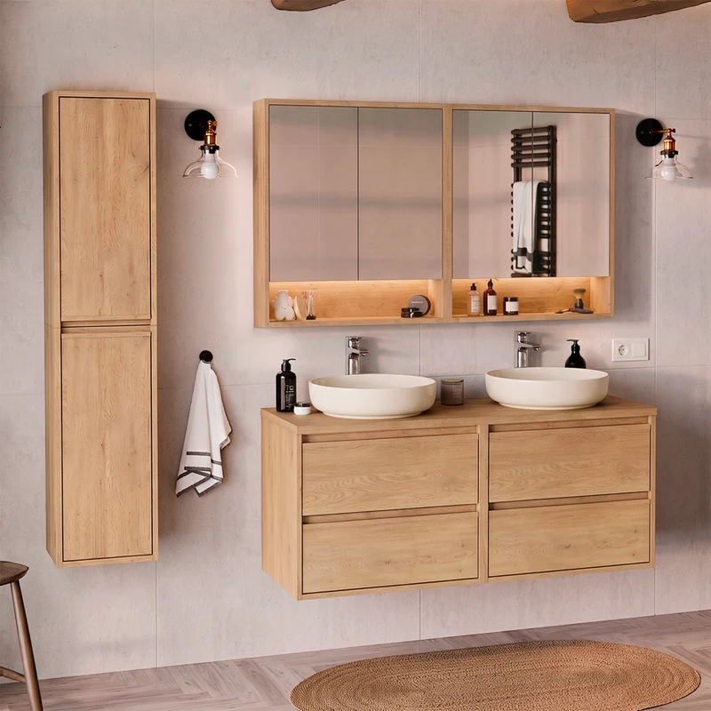 Ensemble meuble sous-vasque 120cm colonne et armoires miroir Edmé Bois