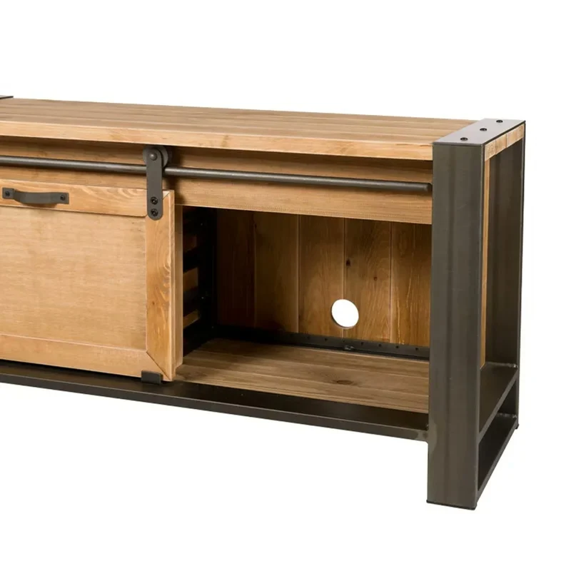 Casa Padrino Industrie Stil Sideboard Naturfarben / Anthrazit 120 x 40 x H. 61 cm - Massivholz Kommode mit Schiebetür und 2 Schubladen