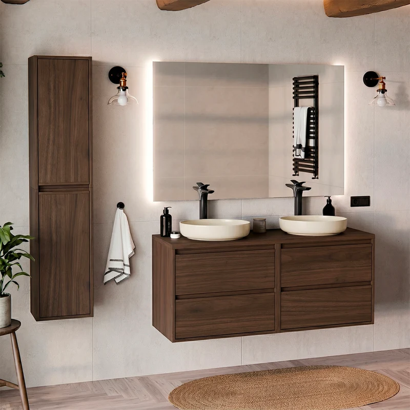 Ensemble meuble sous-vasque 120cm et colonne Edmé Bois foncé