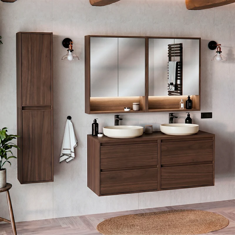 Ensemble meuble sous-vasque 120cm colonne et armoires miroir Edmé Bois foncé