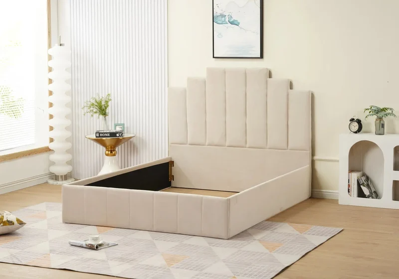 Lit capitonné en velours beige - Marla
