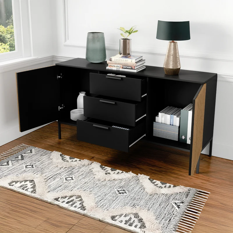 Buffet 2 portes 3 tiroirs Melchior Noir et Bois