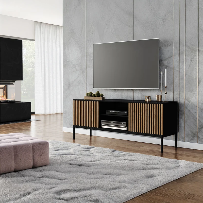 Meuble TV 150 cm 2 portes Melchior Noir et Bois