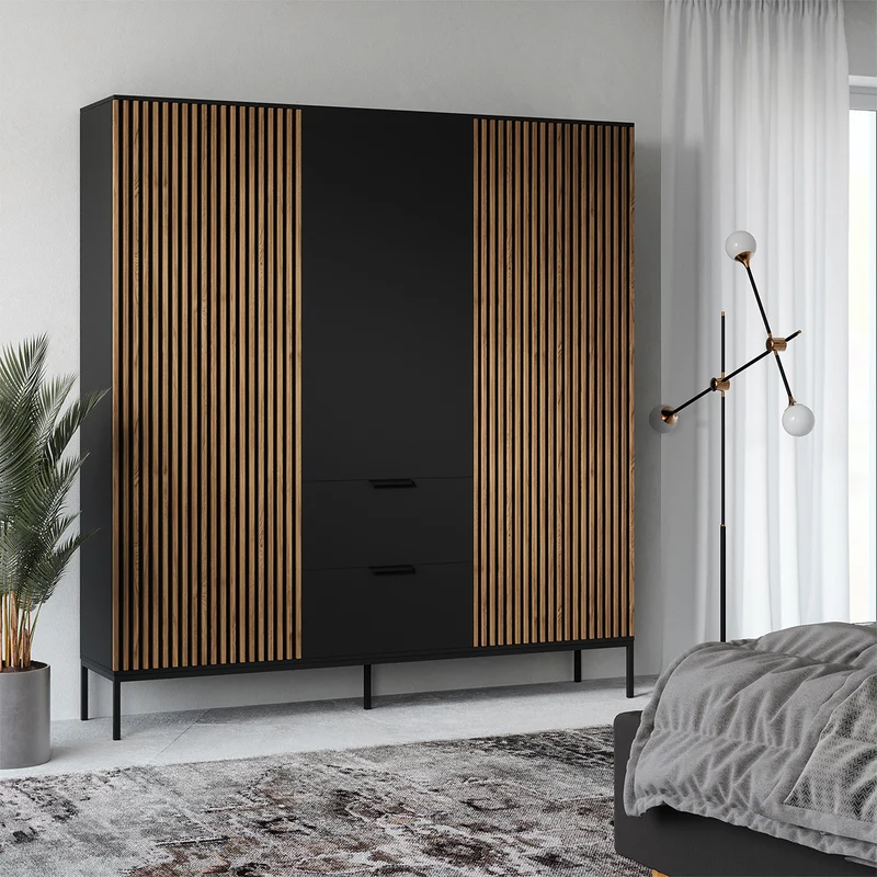 Armoire 3 portes 2 tiroirs Melchior Noir et Bois