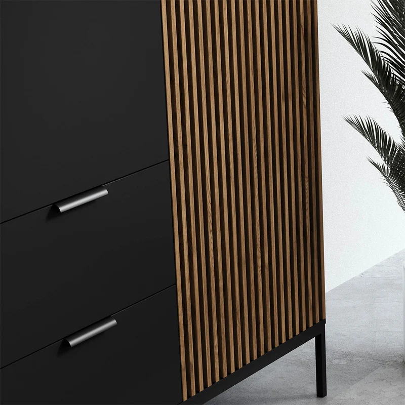 Armoire 3 portes 2 tiroirs Melchior Noir et Bois