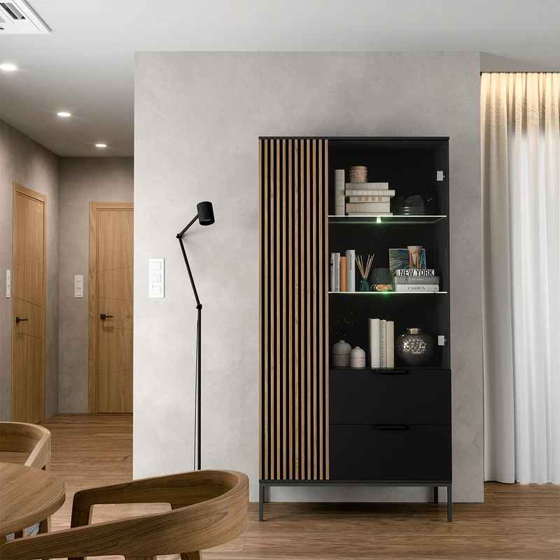 Vaisselier 2 portes 2 tiroirs Melchior Noir et Bois