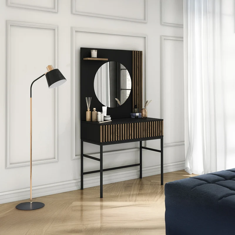 Coiffeuse murale 1 tiroir 1 miroir Melchior Noir et Bois