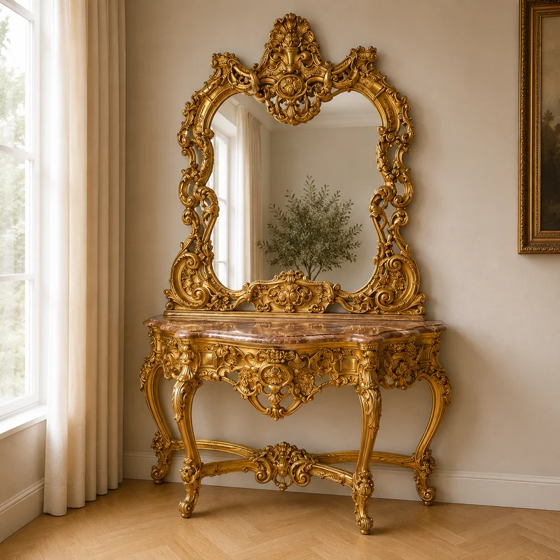 Casa Padrino Luxus Barock Spiegelkonsole Gold - mit Muschel Bekrönung - Prunkvoller Konsolentisch mit Wandspiegel - Antik Stil Flur Möbel - Barock Möbel
