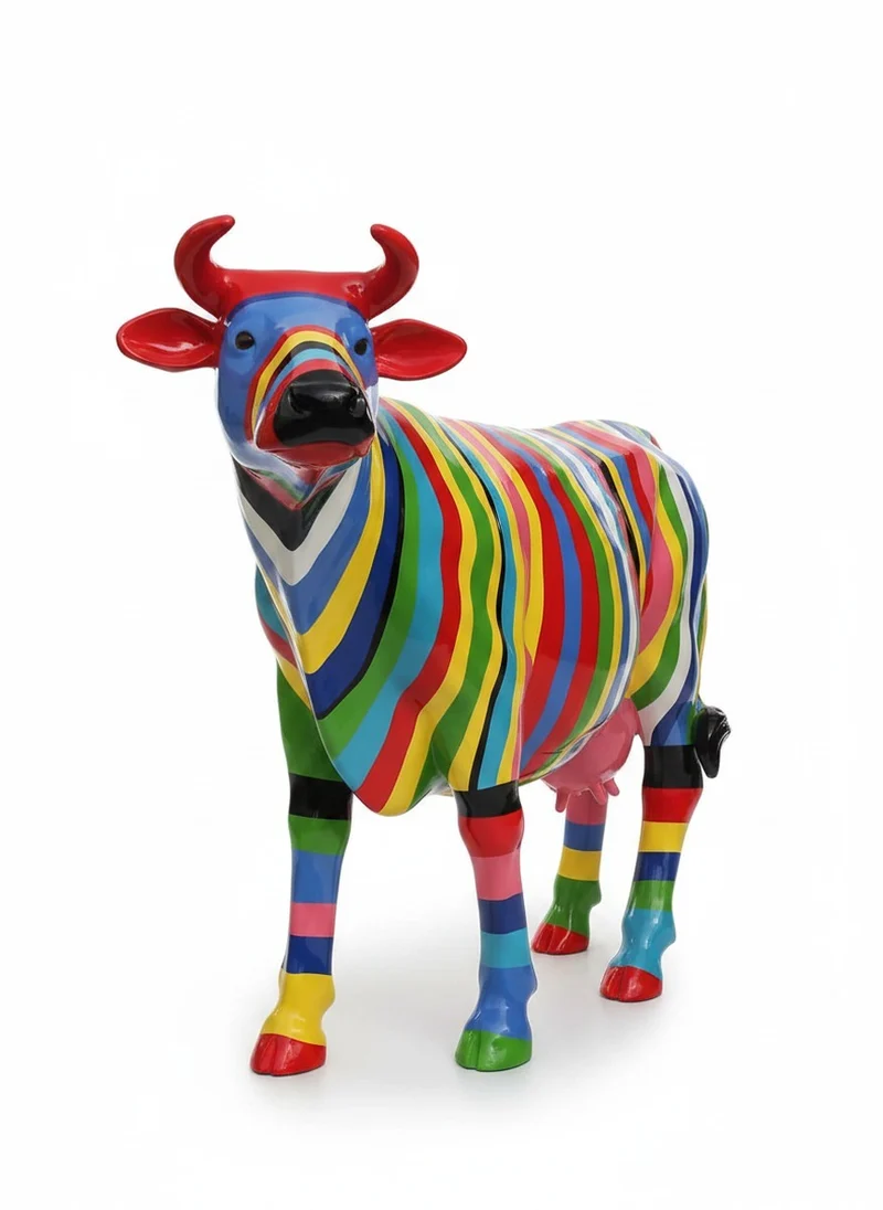 Casa Padrino Luxus Deko Skulptur Kuh Multicolored Striped Cow H. 150 cm - Riesige Gartenskulptur - Lebensgroße Skulptur - XXL Deko Skulptur - XXL Deko Figur