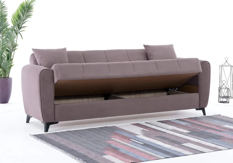 Canapé Turc Pas Cher - Lit & Coffre de Rangement - Velours Taupe LARA