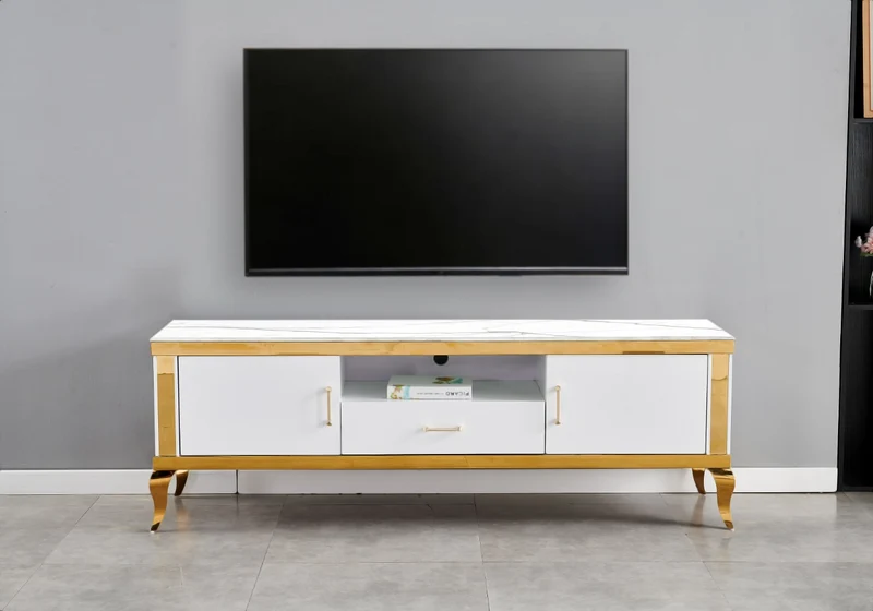 Meuble TV 170 cm marbre blanc doré - Neo
