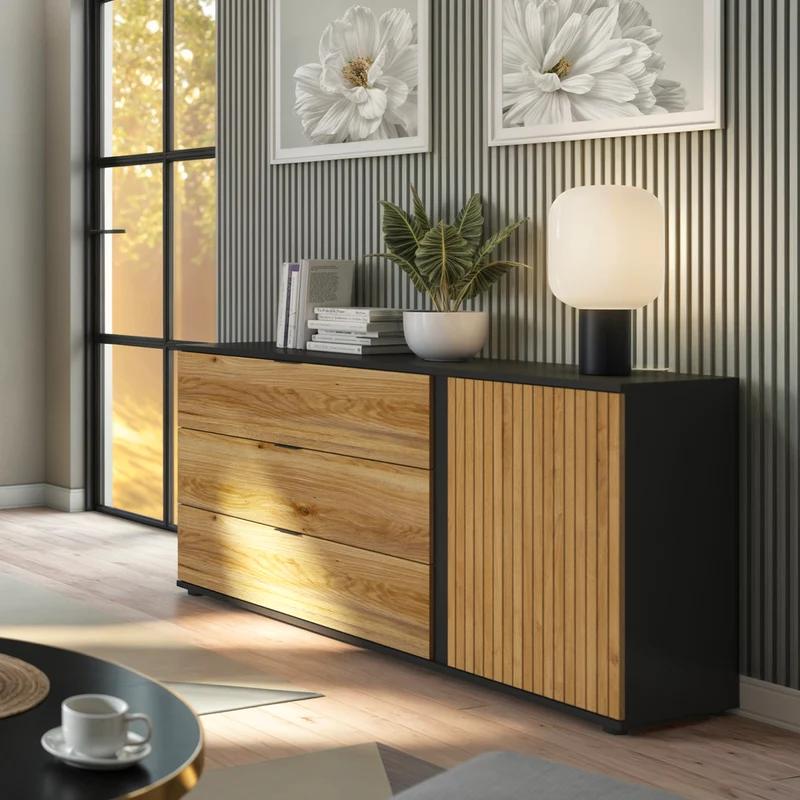 Buffet 3 tiroirs 1 porte Pia Noir et Bois