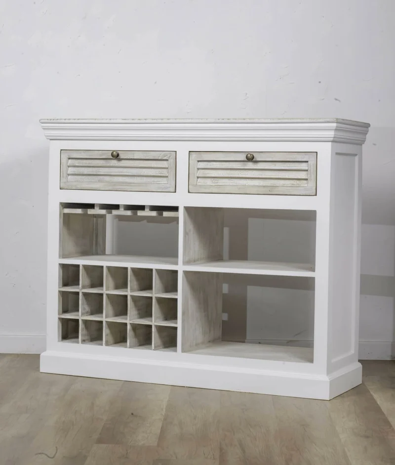 Casa Padrino Landhausstil Weinschrank Weiß / Naturfarben 120 x 40 x H. 104 cm - Barschrank mit 15 Flaschenfächern