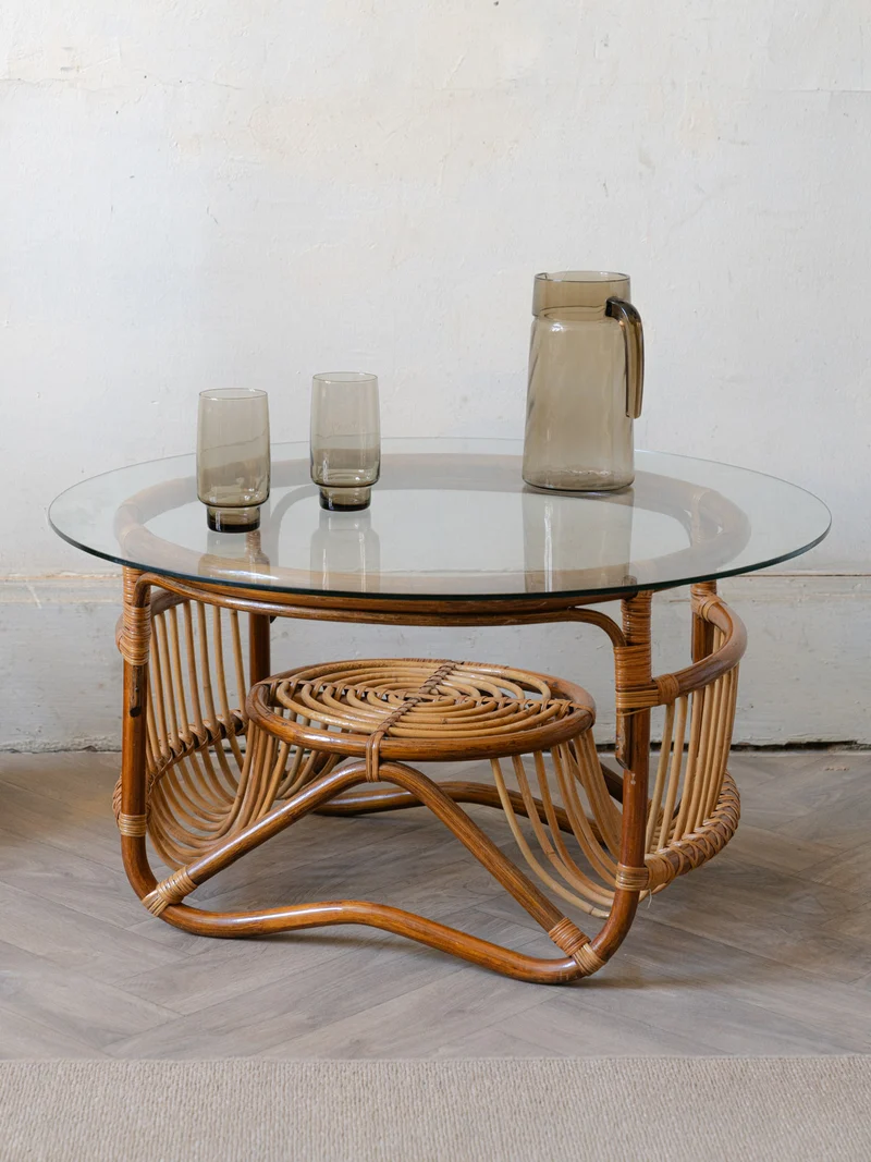 Léonie, la table basse ronde en verre et rotin N°983