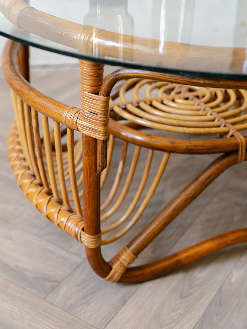 Léonie, la table basse ronde en verre et rotin N°983