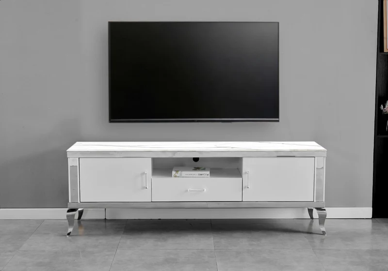 Meuble TV 170 cm marbre blanc argent - Neo