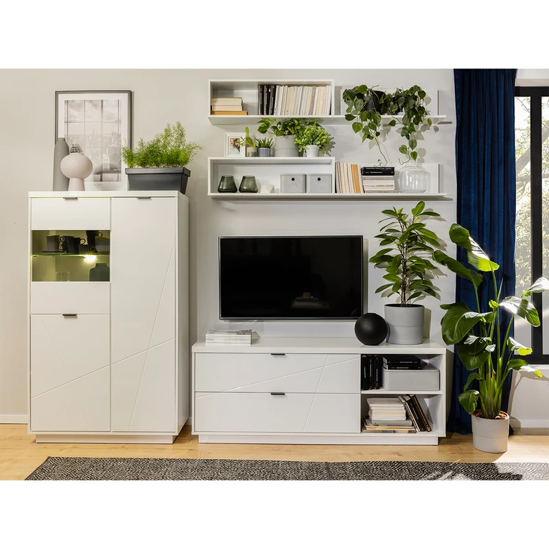 Meuble TV 2 tiroirs 2 niches 156 cm Sven Blanc