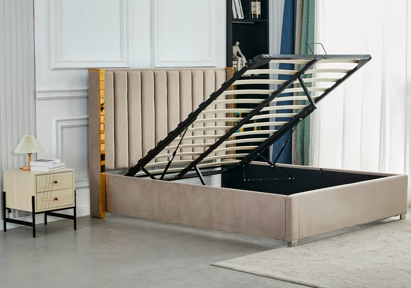Lit coffre velours taupe doré avec sommier - Jade