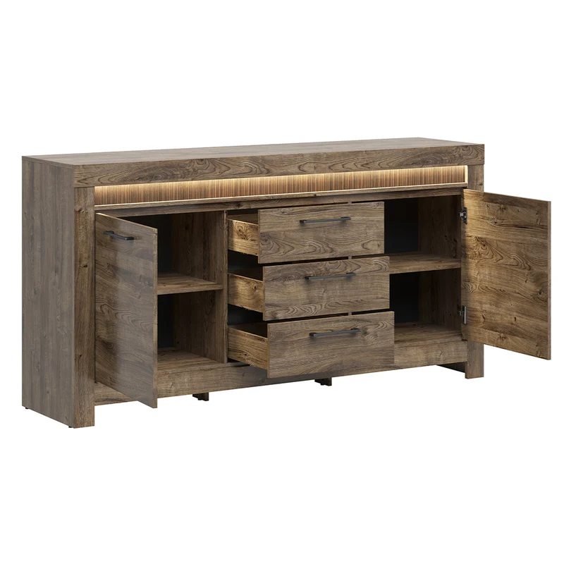 Buffet 2 portes 3 tiroirs LED inclus Amaury Bois