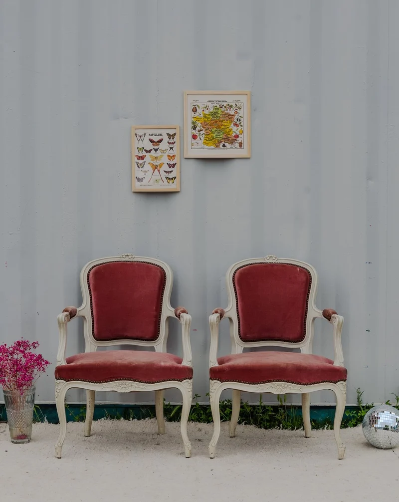 Ernest, la paire de fauteuils en bois et velours rose N°987