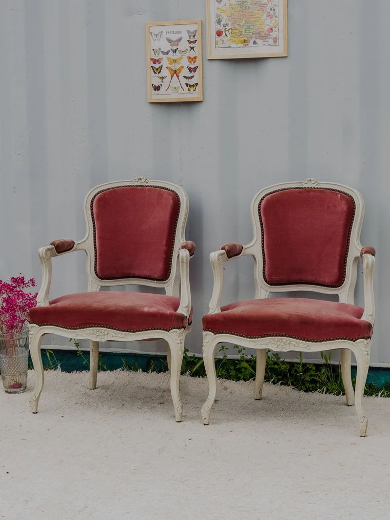 Ernest, la paire de fauteuils en bois et velours rose N°987