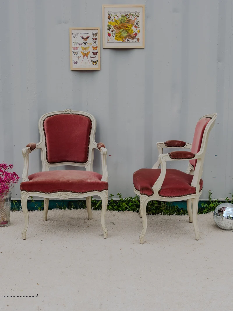 Ernest, la paire de fauteuils en bois et velours rose N°987