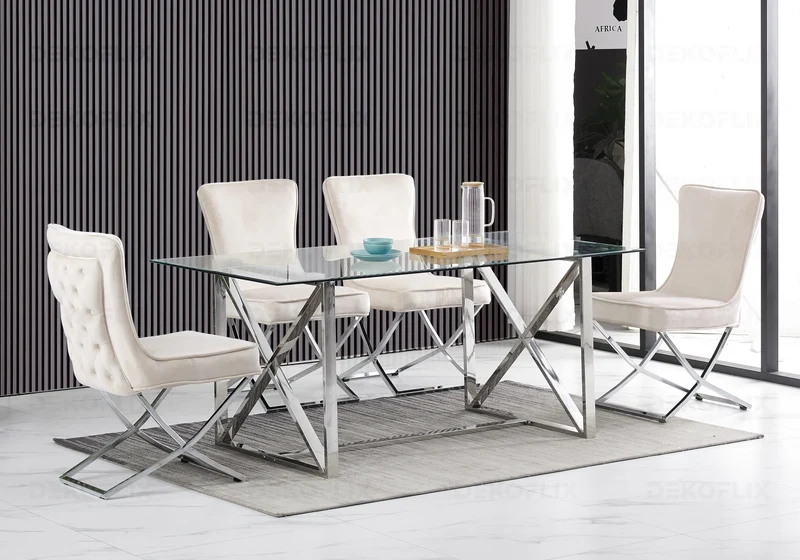 Table verre et 4 chaises velours beige argent - Enzo