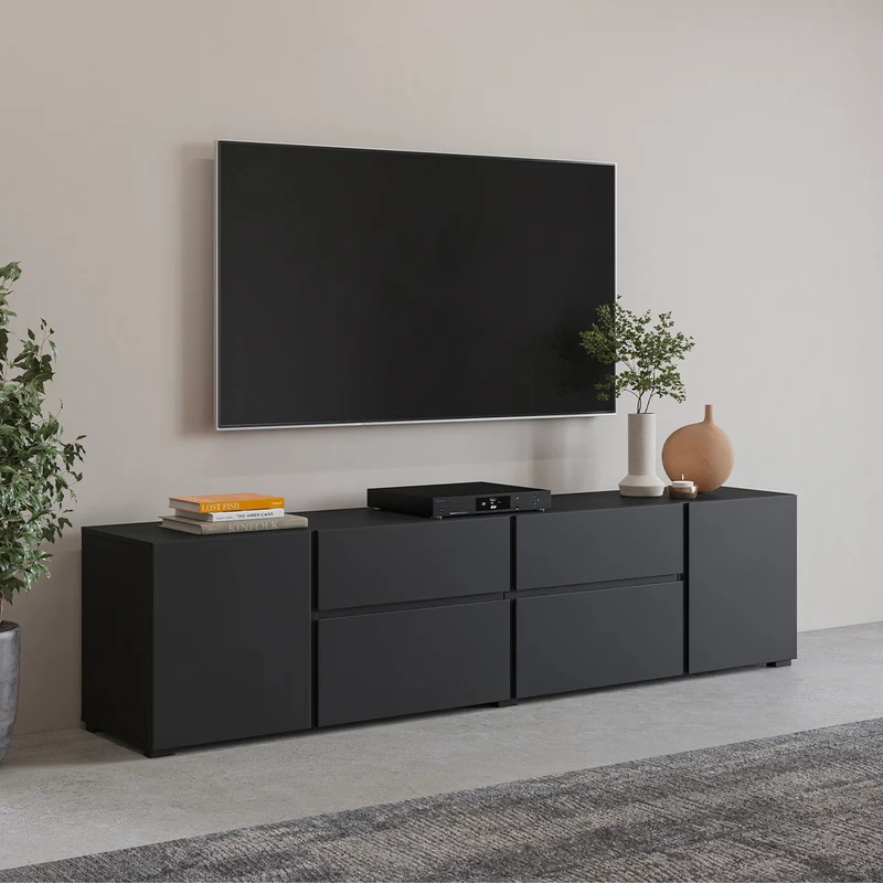 Meuble TV 4 portes 2 tiroirs 195 cm Maxis Noir