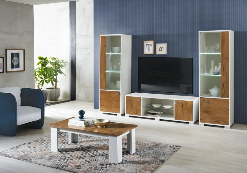 Ensemble mur TV laqué blanc & bois naturel – SARAH