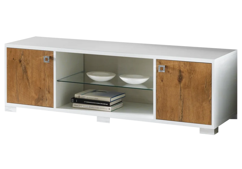Ensemble mur TV laqué blanc & bois naturel – SARAH