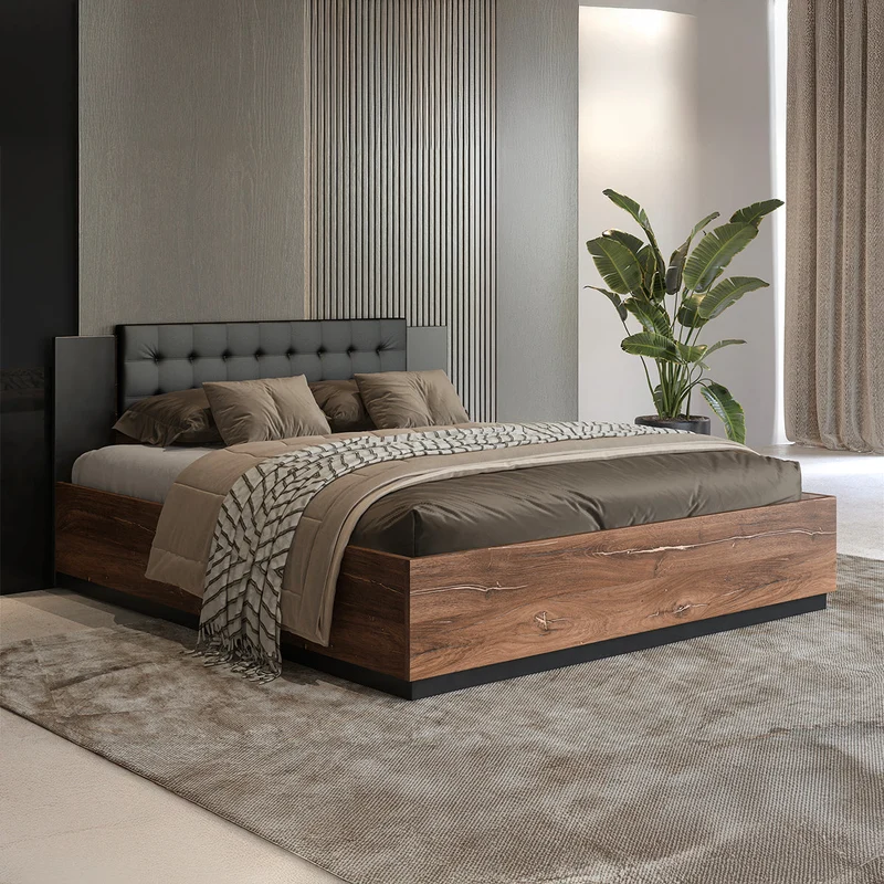 Lit coffre 140x200 sommier inclus Alec Bois foncé et Noir
