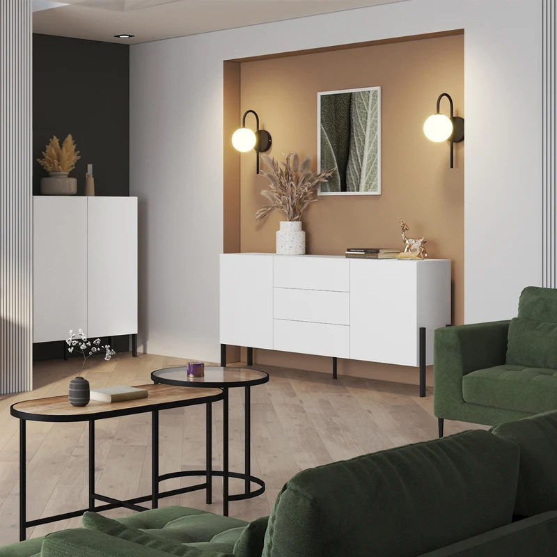 Buffet long 2 portes 3 tiroirs Bérénice Blanc