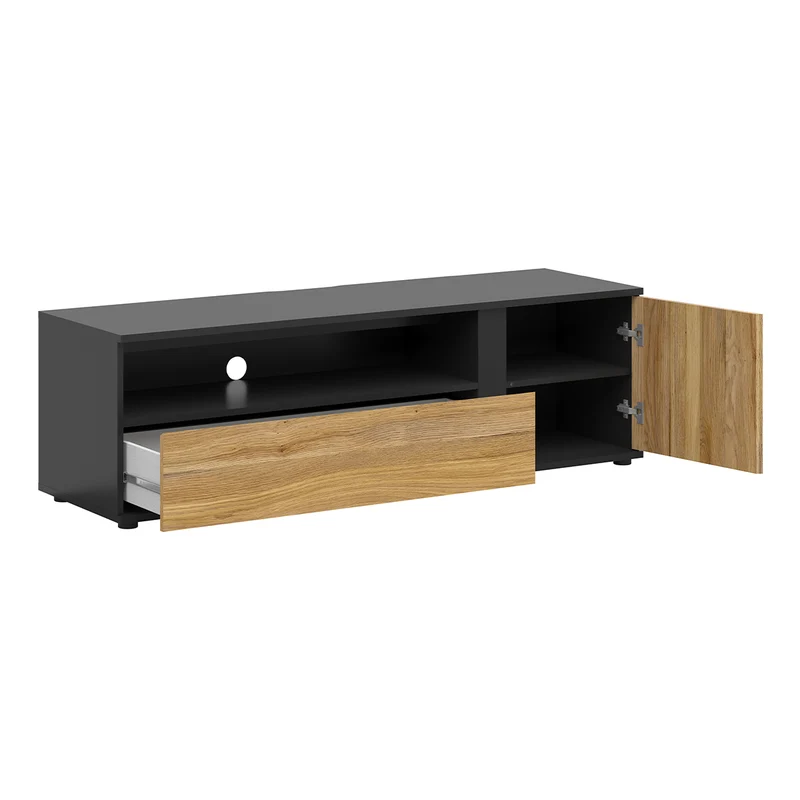 Meuble TV 1 porte 1 tiroir 155 cm Pia Noir et Bois