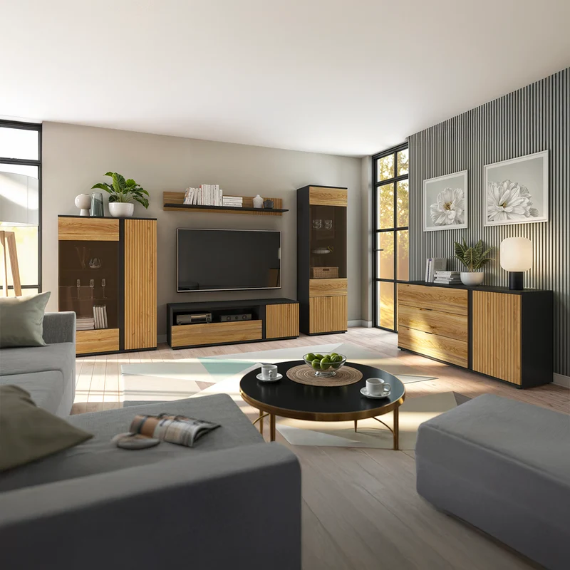 Meuble TV 1 porte 1 tiroir 155 cm Pia Noir et Bois