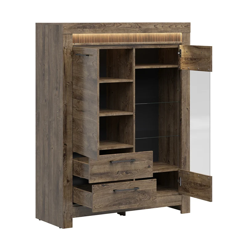 Vaisselier 2 portes 2 tiroirs LED inclus Amaury Bois
