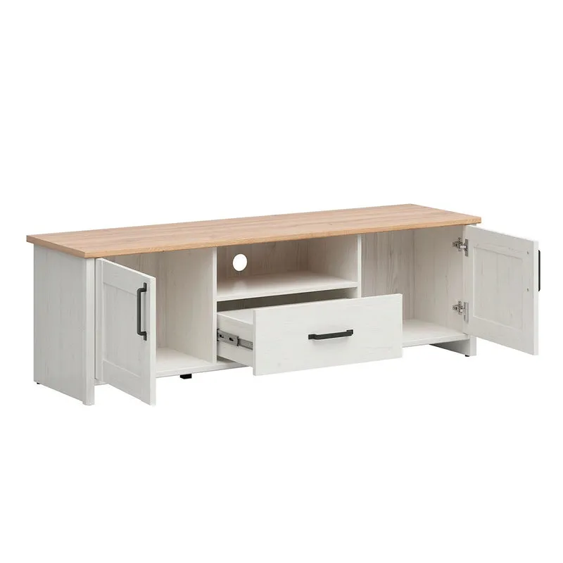 Meuble TV 2 portes 1 tiroir 160 cm Aksel Blanc et Bois