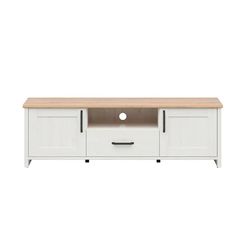 Meuble TV 2 portes 1 tiroir 160 cm Aksel Blanc et Bois